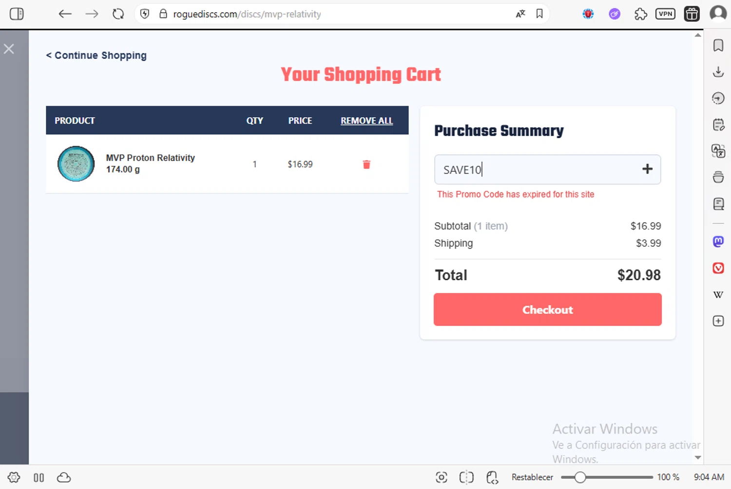 Rogue Discs coupon code screenshot showing code SAVE10 applied at Rogue Discs checkout page. Uploaded by SimplyCodes community member luissilva2 on Oct 19, 2025
