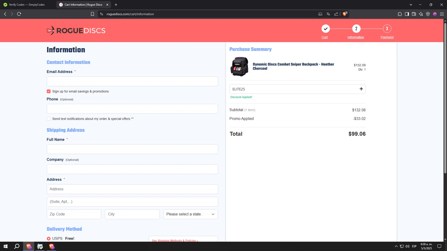 Rogue Discs coupon code screenshot showing code ELITE25 applied at Rogue Discs checkout page. Uploaded by SimplyCodes community member kkkkkkkkkkkkkkkkkkkk on May 5, 2025