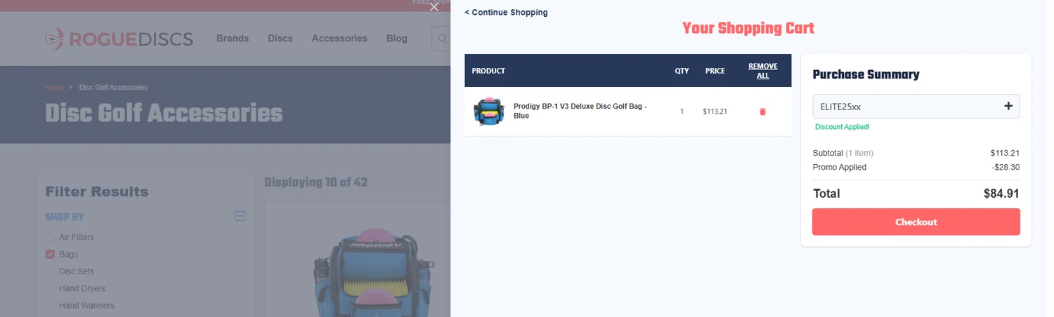 Rogue Discs coupon code screenshot showing code ELITE25 applied at Rogue Discs checkout page. Uploaded by SimplyCodes community member NobleExpert7669 on Mar 8, 2025