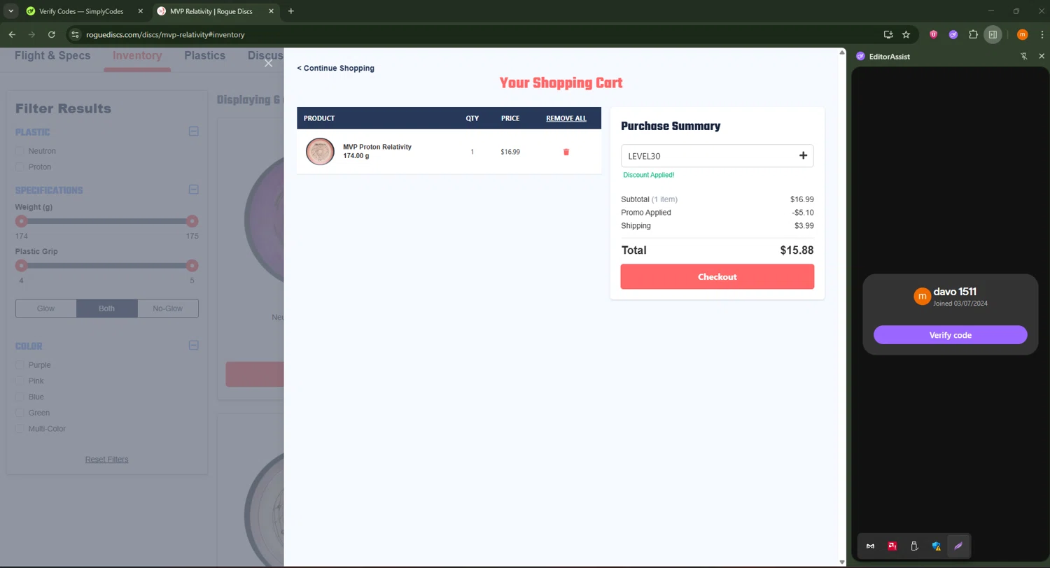 Rogue Discs coupon code screenshot showing code LEVEL30 applied at Rogue Discs checkout page. Uploaded by SimplyCodes community member Davoxeneixe on Aug 14, 2025