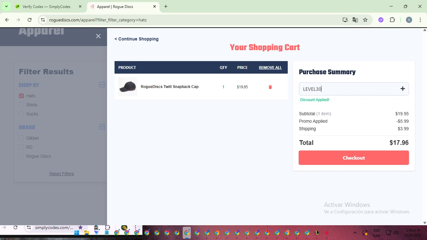 Rogue Discs coupon code screenshot showing code LEVEL30 applied at Rogue Discs checkout page. Uploaded by SimplyCodes community member SwiftScout1619 on Sep 10, 2025