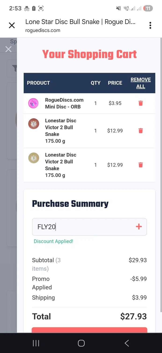 Rogue Discs coupon code screenshot showing code FLY20 applied at Rogue Discs checkout page. Uploaded by SimplyCodes community member ronyacosta on Aug 14, 2025