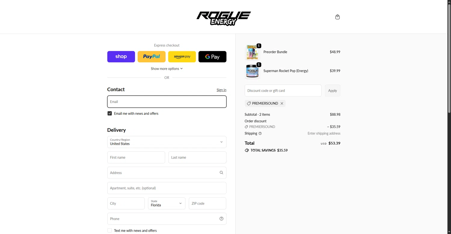 Rogue Energy promo code screenshot showing code premiersound applied at Rogue Energy checkout page. Uploaded by SimplyCodes community member MightyMaestro356 on Nov 15, 2025