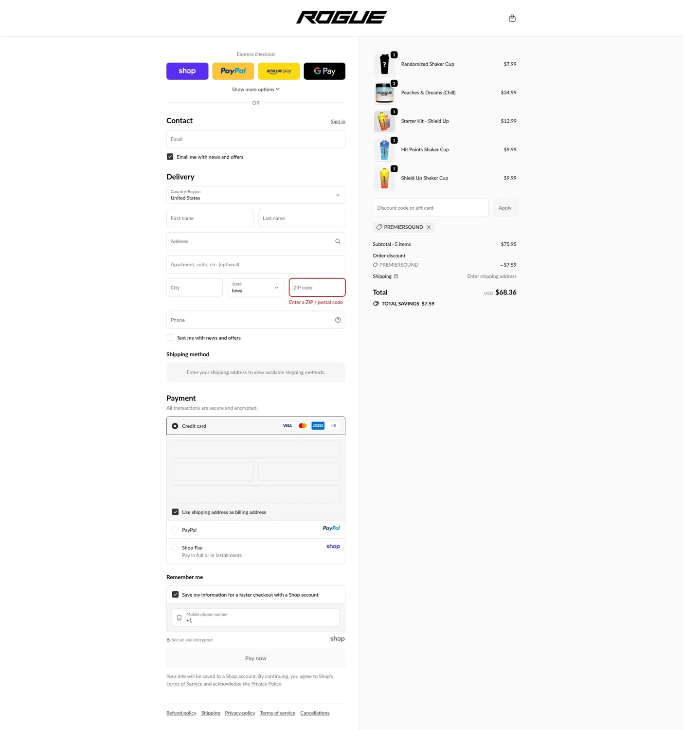Rogue Energy promo code screenshot showing code premiersound applied at Rogue Energy checkout page. Uploaded by SimplyCodes community member MightyMaestro356 on Sep 23, 2025
