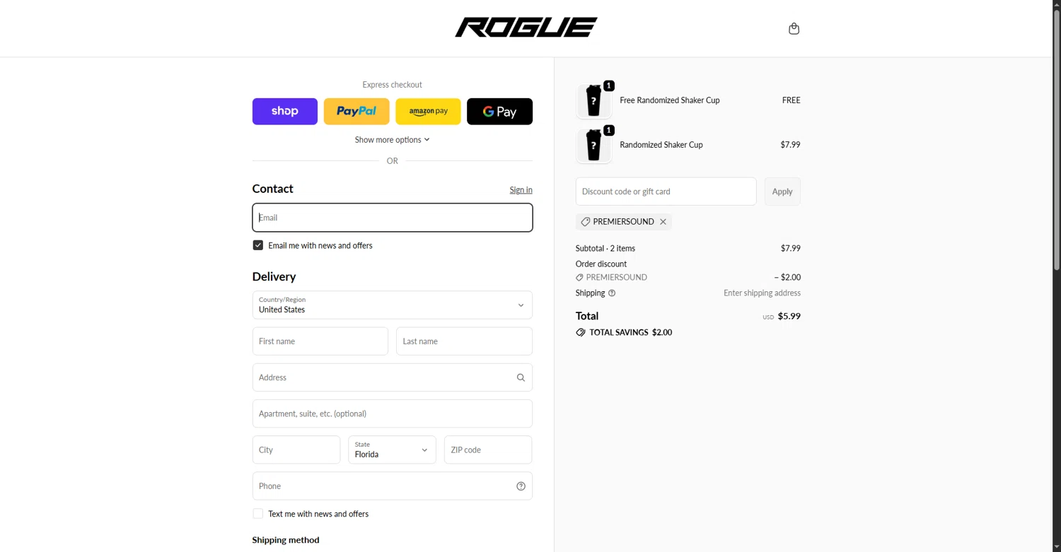 Rogue Energy promo code screenshot showing code premiersound applied at Rogue Energy checkout page. Uploaded by SimplyCodes community member RebateFalcon3172 on Oct 1, 2025