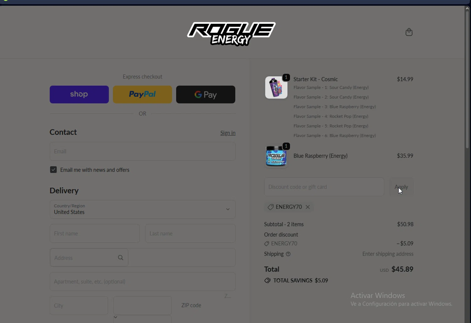 Rogue Energy checkout page showing Rogue Energy promo code box | Screenshot taken by SimplyCodes community member on Feb 6, 2026