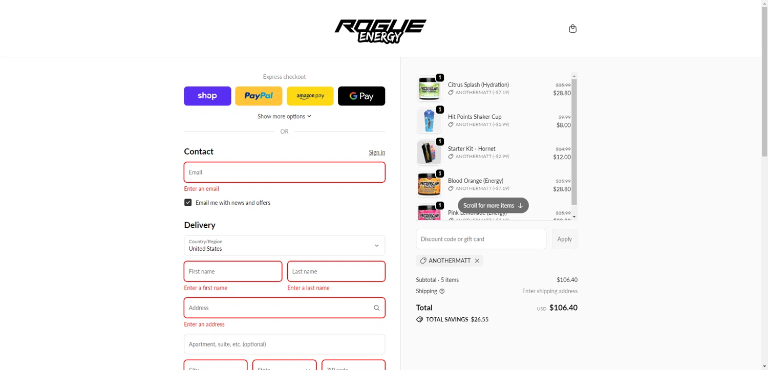 Rogue Energy promo code screenshot showing code anothermatt applied at Rogue Energy checkout page. Uploaded by SimplyCodes community member CrownWhiz8114 on Feb 9, 2026