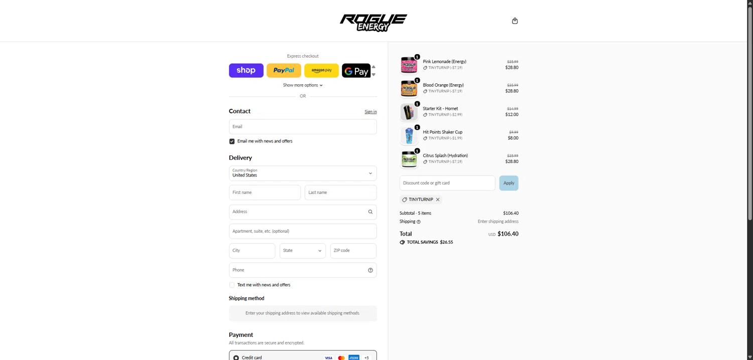 Rogue Energy promo code screenshot showing code TINYTURNIP applied at Rogue Energy checkout page. Uploaded by SimplyCodes community member ValiantCollector5333 on Feb 9, 2026