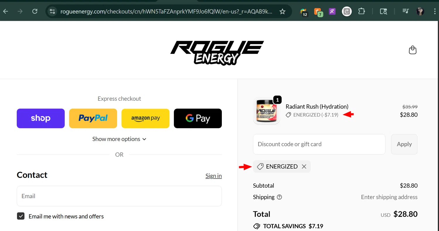 Rogue Energy promo code screenshot showing code energized applied at Rogue Energy checkout page. Uploaded by SimplyCodes community member MarUmi on Nov 19, 2025