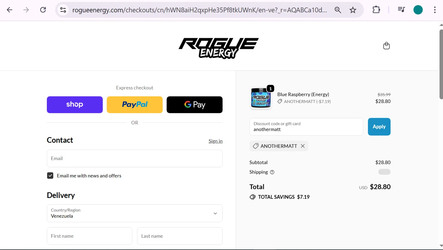 Rogue Energy promo code screenshot showing code anothermatt applied at Rogue Energy checkout page. Uploaded by SimplyCodes community member anosesmith on Feb 9, 2026