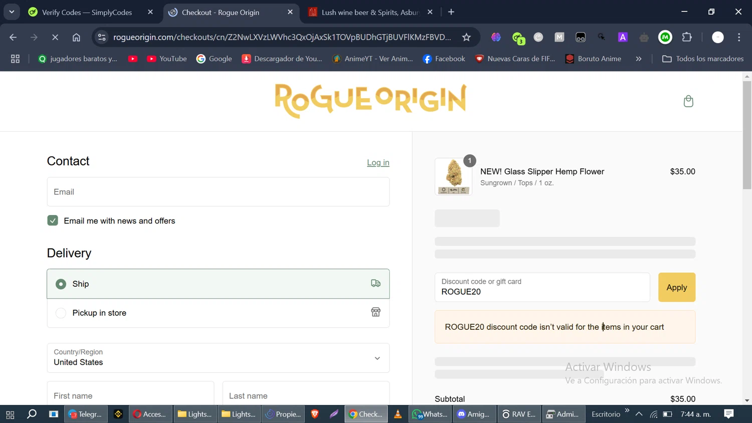 Rogue Origin discount code screenshot showing code ROGUE20 applied at Rogue Origin checkout page. Uploaded by SimplyCodes community member TALLER1 on Feb 23, 2025