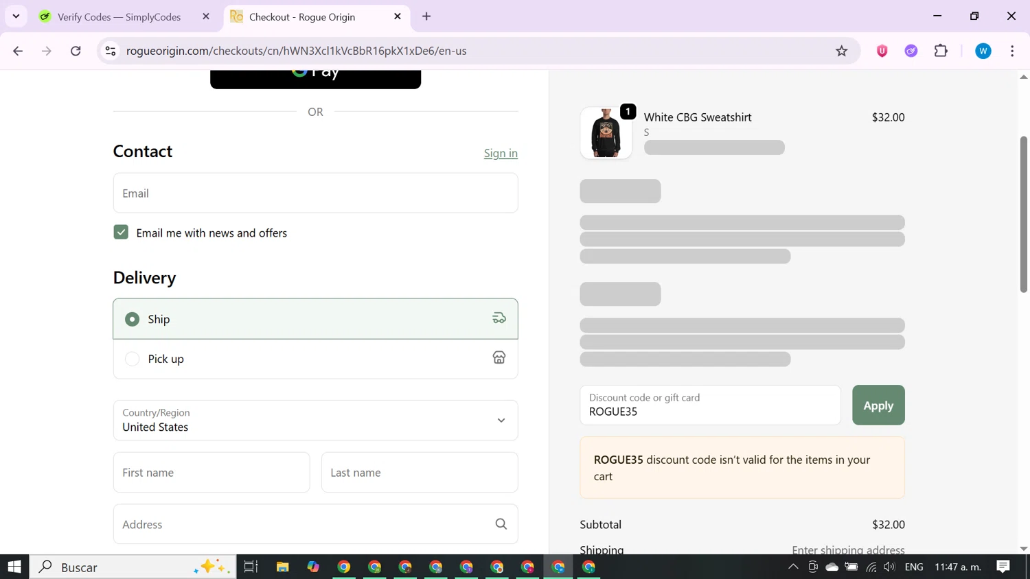 Rogue Origin discount code screenshot showing code ROGUE35 applied at Rogue Origin checkout page. Uploaded by SimplyCodes community member CrownShopper7142 on Sep 29, 2025