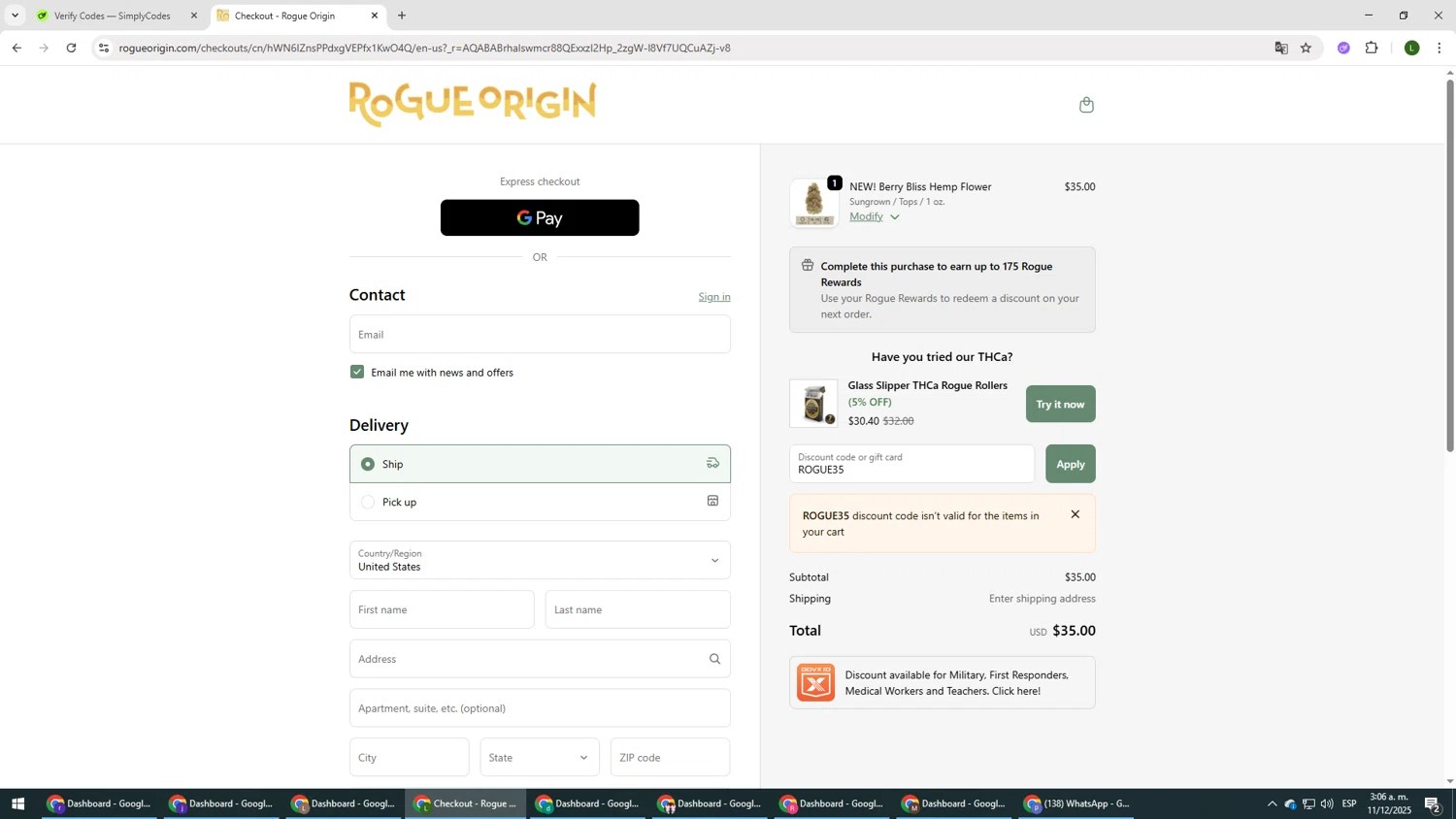 Rogue Origin discount code screenshot showing code ROGUE35 applied at Rogue Origin checkout page. Uploaded by SimplyCodes community member DUCATI on Dec 11, 2025