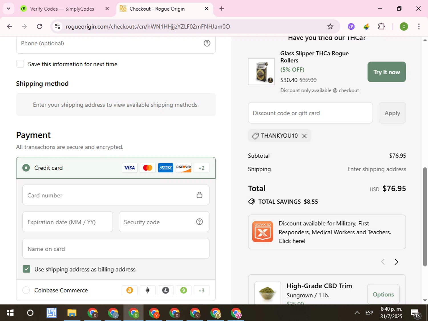 Rogue Origin discount code screenshot showing code THANKYOU10 applied at Rogue Origin checkout page. Uploaded by SimplyCodes community member RoyalKnight4673 on Aug 1, 2025