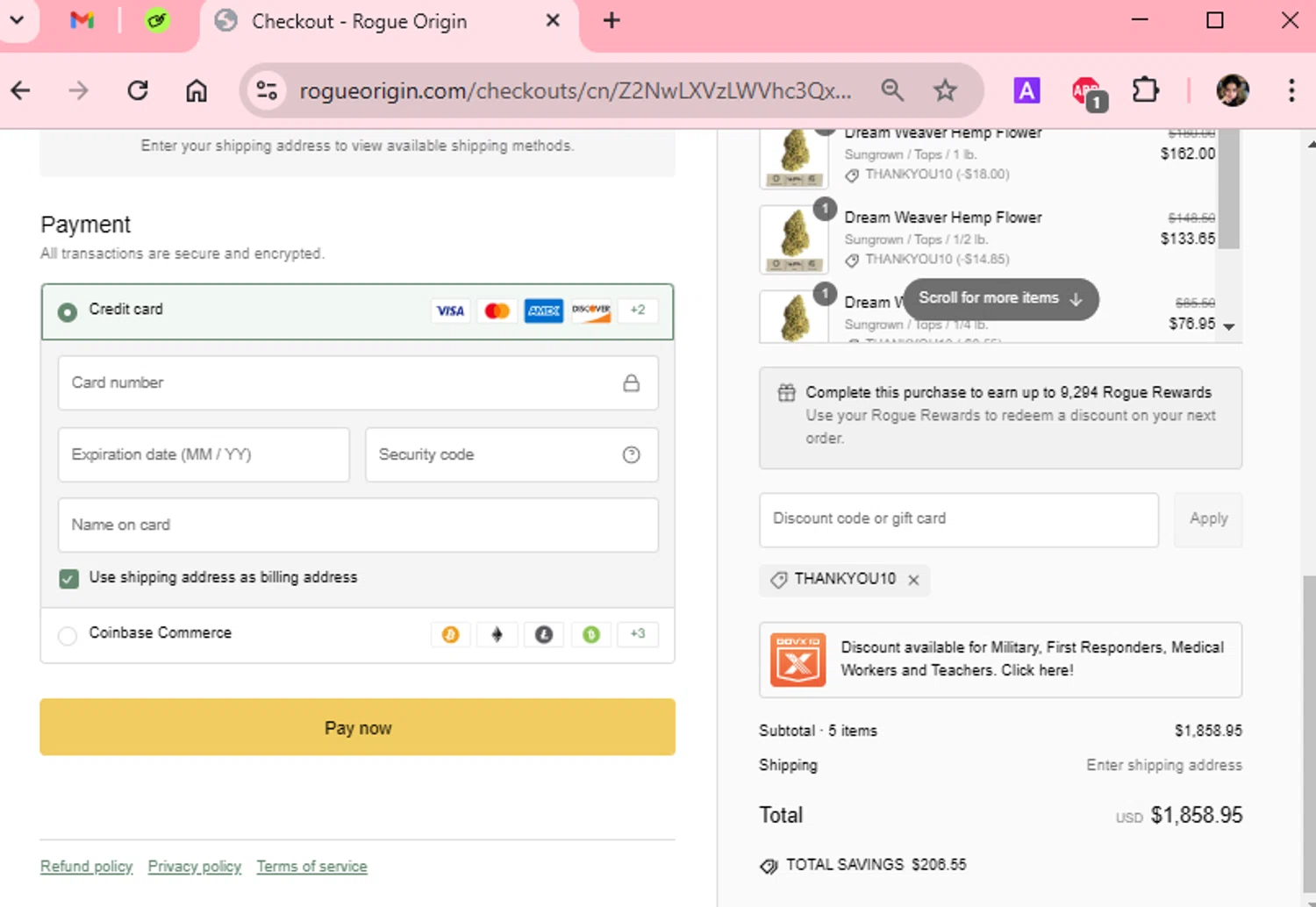 Rogue Origin discount code screenshot showing code THANKYOU10 applied at Rogue Origin checkout page. Uploaded by SimplyCodes community member Scarleth_2GGD on Mar 3, 2025