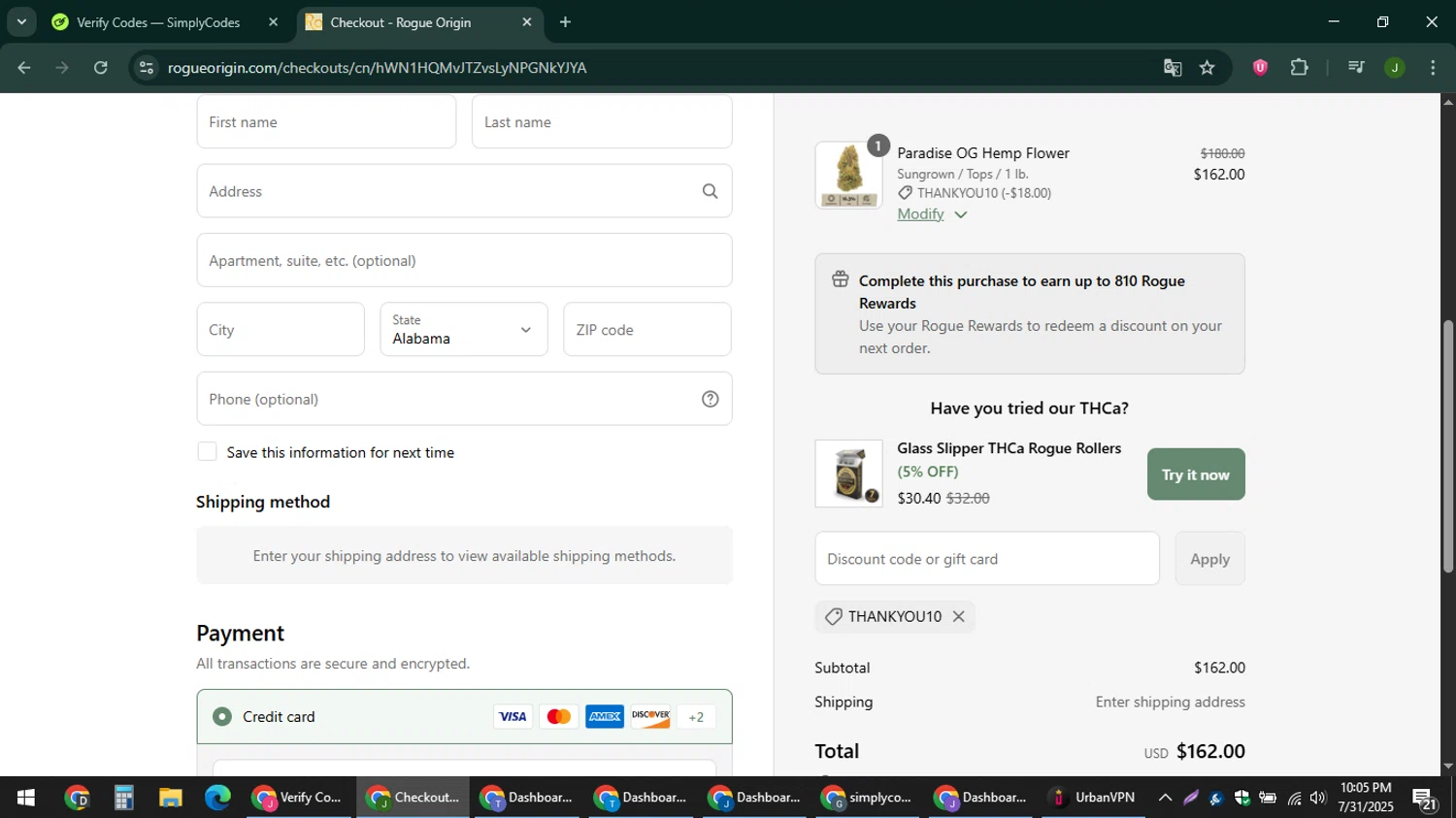 Rogue Origin discount code screenshot showing code THANKYOU10 applied at Rogue Origin checkout page. Uploaded by SimplyCodes community member ShieldFinder369 on Aug 1, 2025