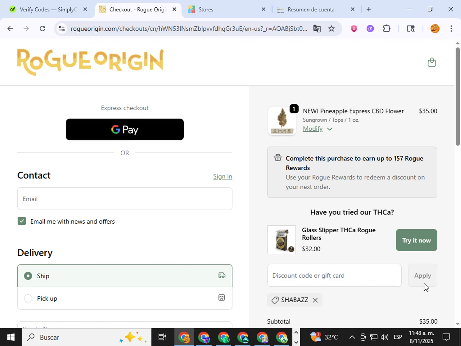 Rogue Origin discount code screenshot showing code SHABAZZ applied at Rogue Origin checkout page. Uploaded by SimplyCodes community member ingri96 on Nov 8, 2025