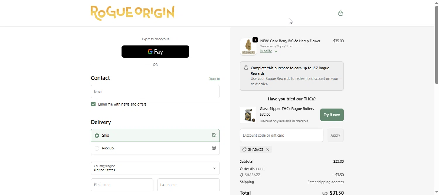 Rogue Origin discount code screenshot showing code SHABAZZ applied at Rogue Origin checkout page. Uploaded by SimplyCodes community member armalissolorzano1 on Nov 8, 2025