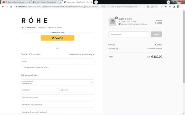 Rohe checkout page showing Rohe discount code box | Screenshot taken by SimplyCodes community member on Jul 20, 2022