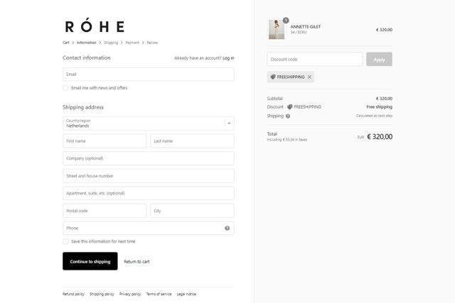 Rohe checkout page showing Rohe discount code box | Screenshot taken by SimplyCodes community member on May 18, 2022