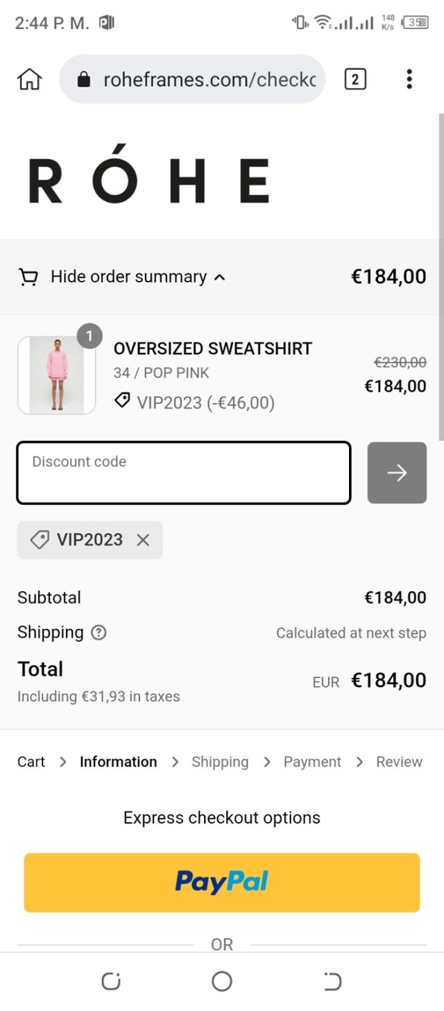 Rohe checkout page showing Rohe discount code box | Screenshot taken by SimplyCodes community member on May 12, 2023