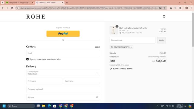 Rohe checkout page showing Rohe discount code box | Screenshot taken by SimplyCodes community member on Aug 19, 2024