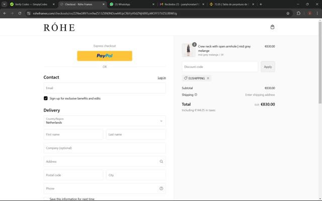 Rohe checkout page showing Rohe discount code box | Screenshot taken by SimplyCodes community member on Oct 30, 2024