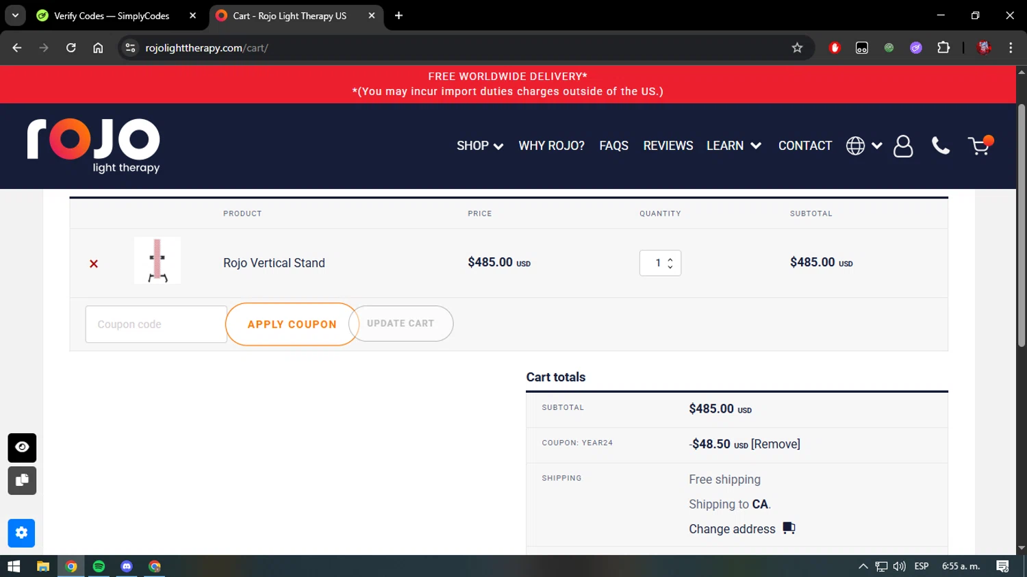 Rojo Light Therapy discount code screenshot showing code year24 applied at Rojo Light Therapy checkout page. Uploaded by SimplyCodes community member verify_codes on Apr 29, 2025