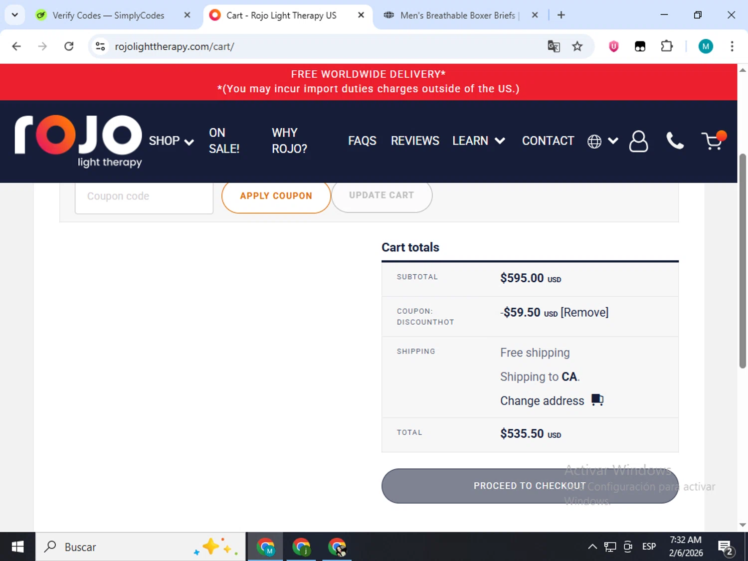 Rojo Light Therapy checkout page showing Rojo Light Therapy discount code box | Screenshot taken by SimplyCodes community member on Feb 6, 2026