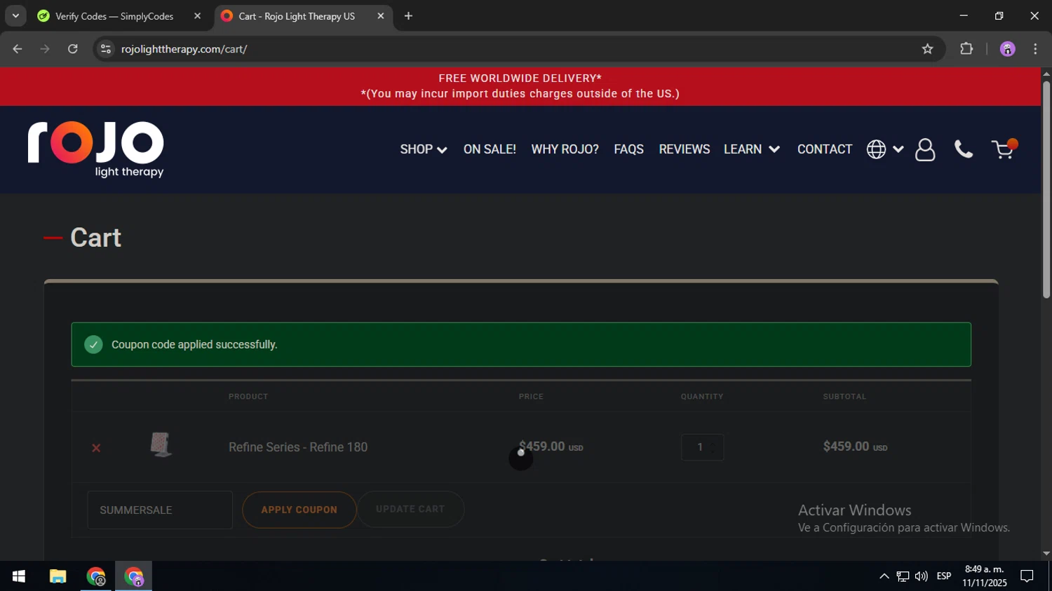 Rojo Light Therapy discount code screenshot showing code SUMMERSALE applied at Rojo Light Therapy checkout page. Uploaded by SimplyCodes community member USERR1 on Nov 11, 2025