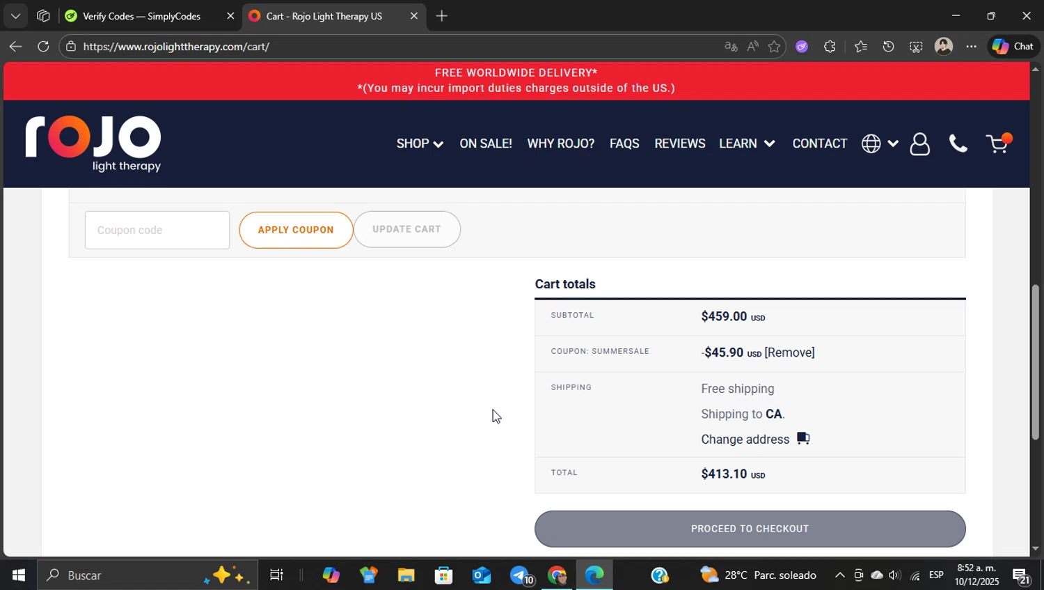 Rojo Light Therapy discount code screenshot showing code SUMMERSALE applied at Rojo Light Therapy checkout page. Uploaded by SimplyCodes community member WonderKnight7884 on Dec 10, 2025