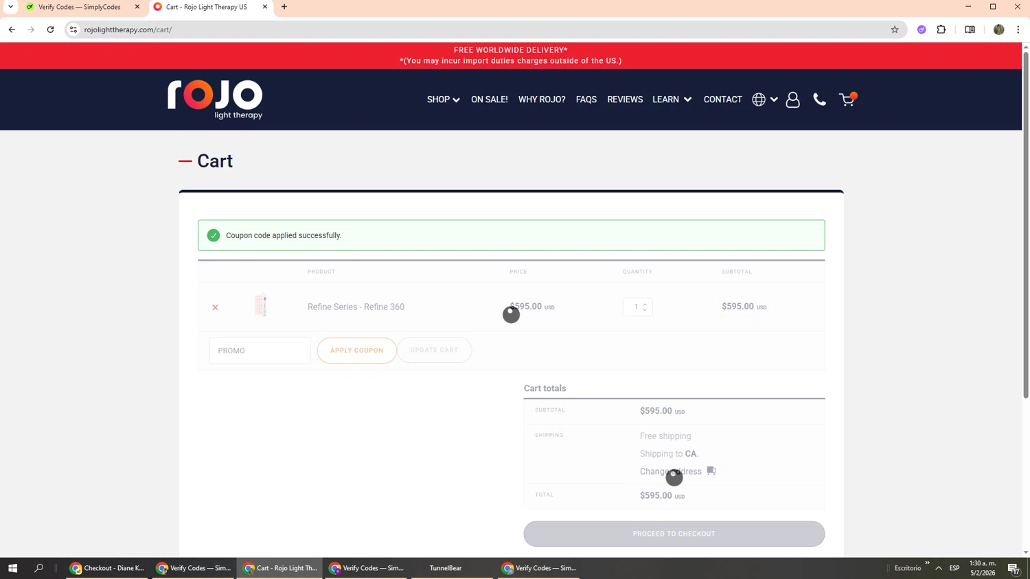 Rojo Light Therapy checkout page showing Rojo Light Therapy discount code box | Screenshot taken by SimplyCodes community member on Feb 5, 2026