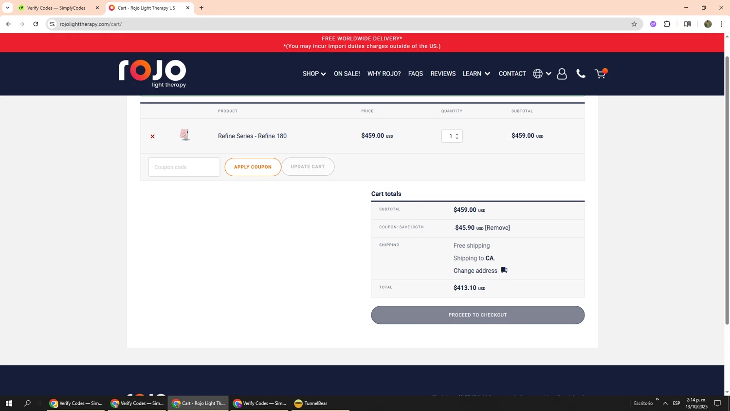 Rojo Light Therapy discount code screenshot showing code save10gth applied at Rojo Light Therapy checkout page. Uploaded by SimplyCodes community member Phoenix585 on Oct 13, 2025