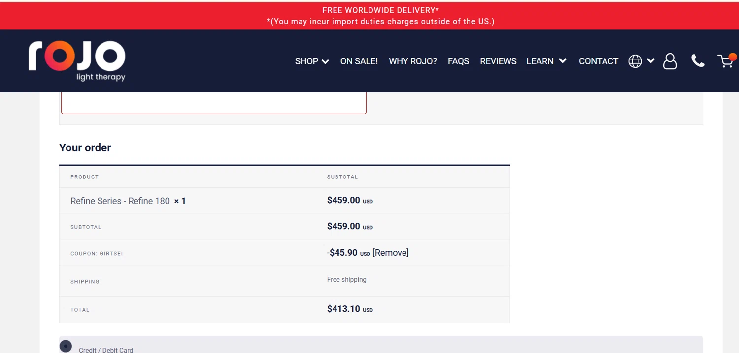Rojo Light Therapy discount code screenshot showing code girtsei applied at Rojo Light Therapy checkout page. Uploaded by SimplyCodes community member juancrisostomo on Oct 13, 2025