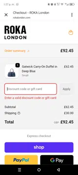 Roka London coupon verification screenshot