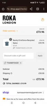 Roka London coupon verification screenshot