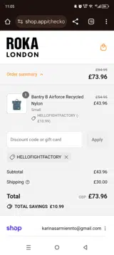 Roka London coupon verification screenshot