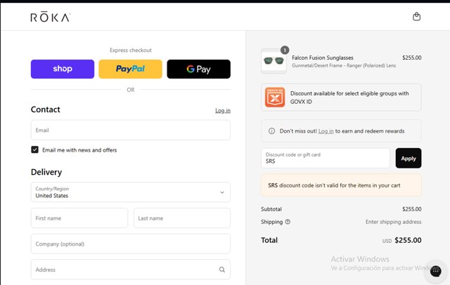 ROKA Sports checkout page showing ROKA Sports promo code box | Screenshot taken by SimplyCodes community member on Aug 31, 2025
