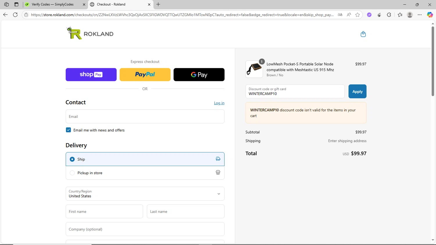 Rokland Technologies promo code screenshot showing code WINTERCAMP10 applied at Rokland Technologies checkout page. Uploaded by SimplyCodes community member CrownShopper2899 on Jun 22, 2025