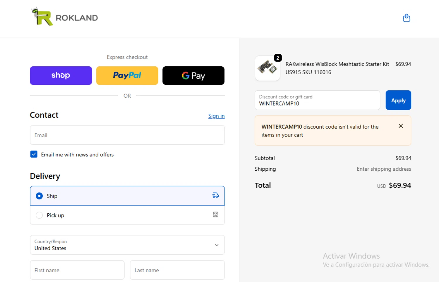 Rokland Technologies promo code screenshot showing code WINTERCAMP10 applied at Rokland Technologies checkout page. Uploaded by SimplyCodes community member Gary_23 on Oct 23, 2025