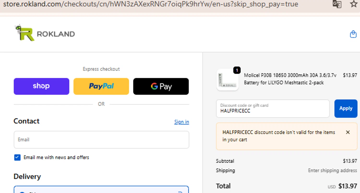 Rokland Technologies promo code screenshot showing code HALFPRICECC applied at Rokland Technologies checkout page. Uploaded by SimplyCodes community member BudgetLion5814 on Oct 11, 2025