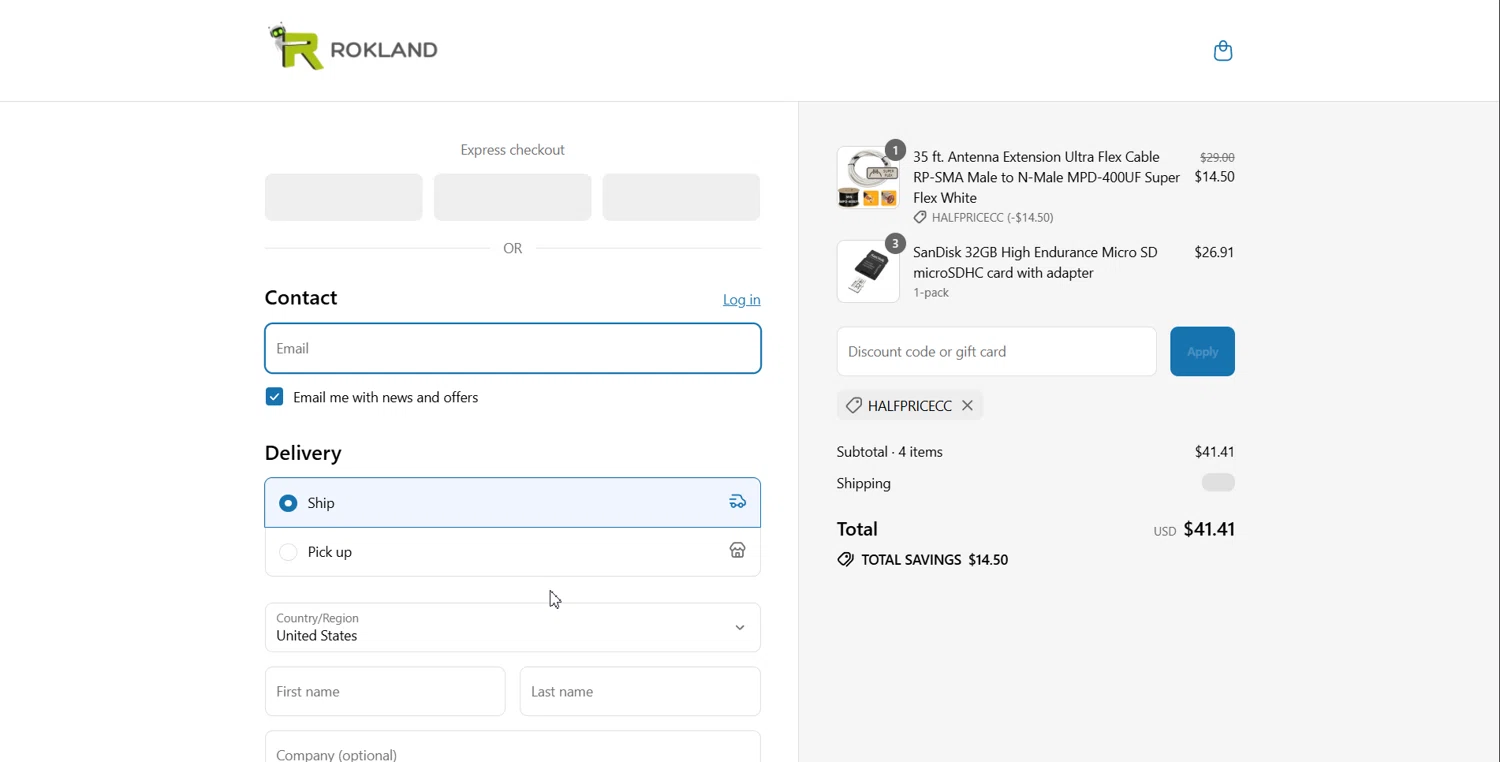 Rokland Technologies promo code screenshot showing code HALFPRICECC applied at Rokland Technologies checkout page. Uploaded by SimplyCodes community member Teresa on Jul 27, 2025