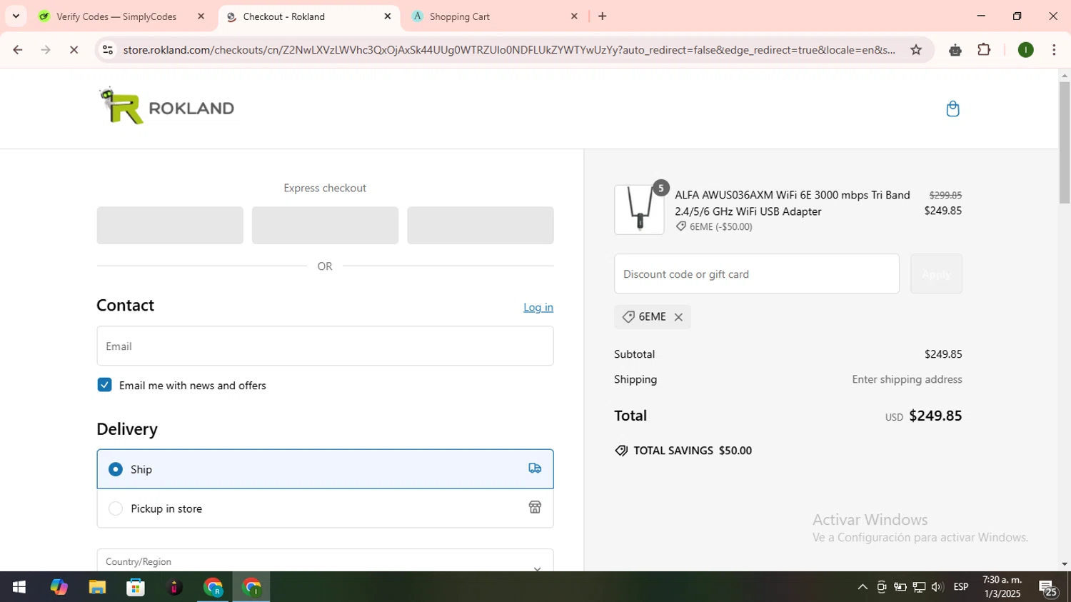 Rokland Technologies promo code screenshot showing code 6EME applied at Rokland Technologies checkout page. Uploaded by SimplyCodes community member LuckyNavigator1490 on Mar 1, 2025