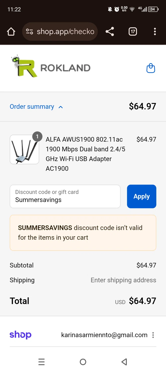 Rokland Technologies promo code screenshot showing code Summersavings applied at Rokland Technologies checkout page. Uploaded by SimplyCodes community member Olivatle on Sep 11, 2025