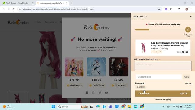 RoleCosplay checkout page showing RoleCosplay discount code box | Screenshot taken by SimplyCodes community member on Sep 11, 2025
