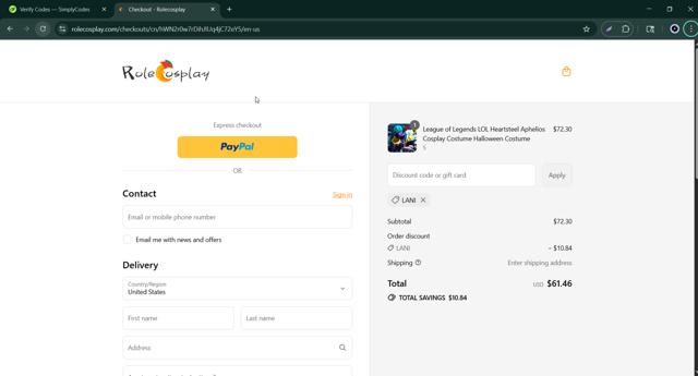RoleCosplay checkout page showing RoleCosplay discount code box | Screenshot taken by SimplyCodes community member on Sep 11, 2025