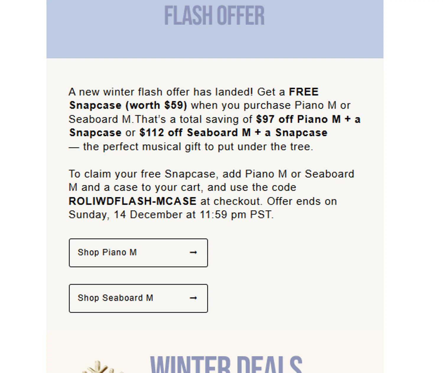Roli discount code screenshot showing code ROLIWDFLASH-MCASE applied at Roli checkout page. Uploaded by SimplyCodes community member ______________ on Dec 12, 2025
