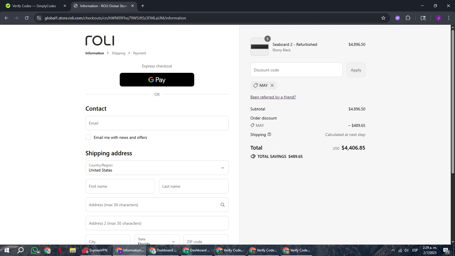 Roli discount code screenshot showing code MAY applied at Roli checkout page. Uploaded by SimplyCodes community member ComeBurra123 on Jul 2, 2025
