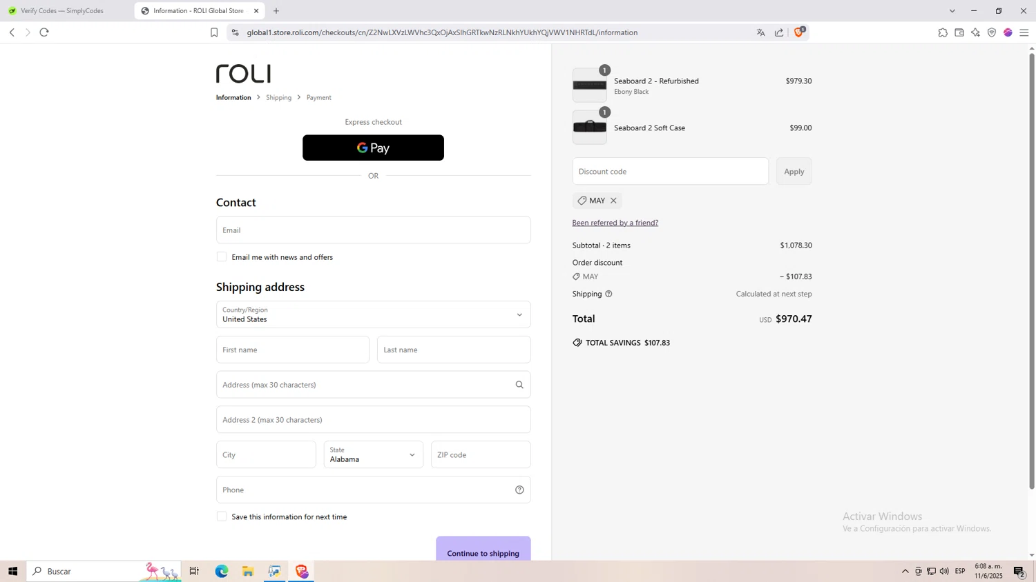 Roli discount code screenshot showing code MAY applied at Roli checkout page. Uploaded by SimplyCodes community member NARUTO_UZUMAKIsx on Jun 11, 2025