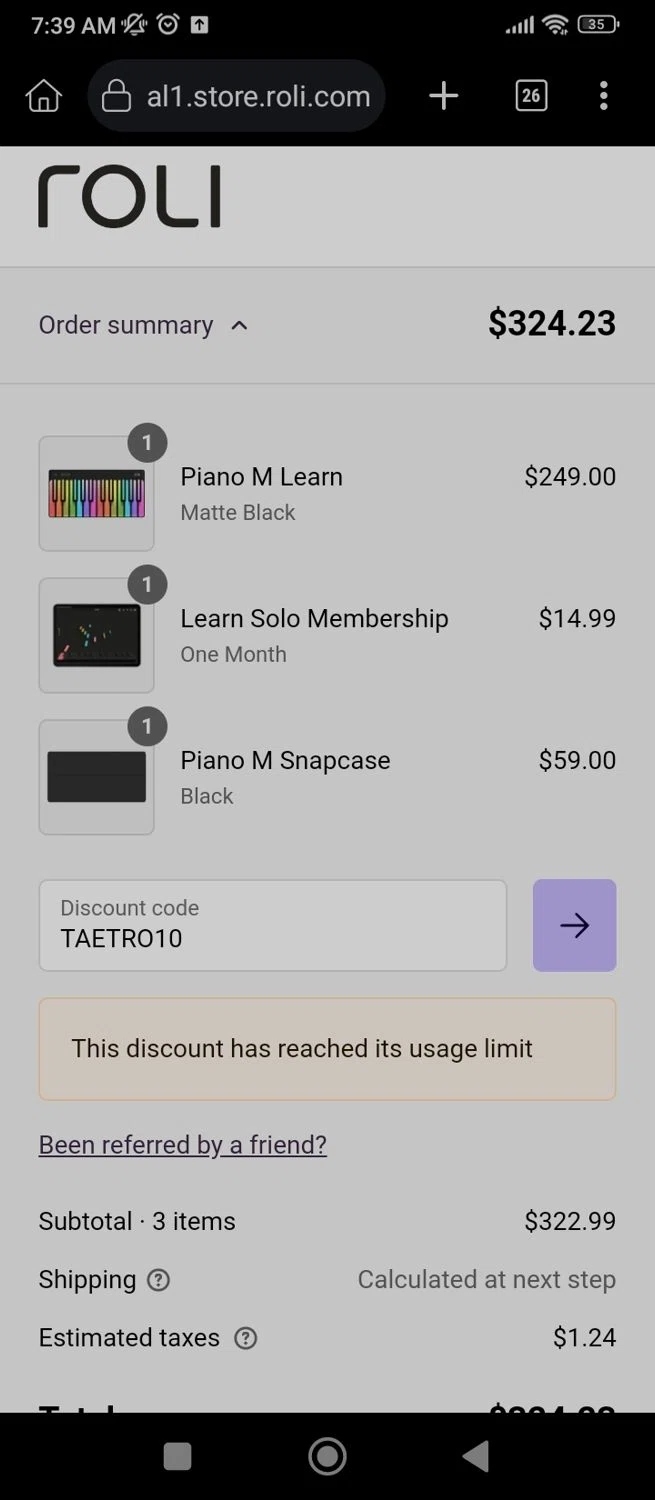 Roli discount code screenshot showing code TAETRO10 applied at Roli checkout page. Uploaded by SimplyCodes community member User07 on Feb 23, 2025